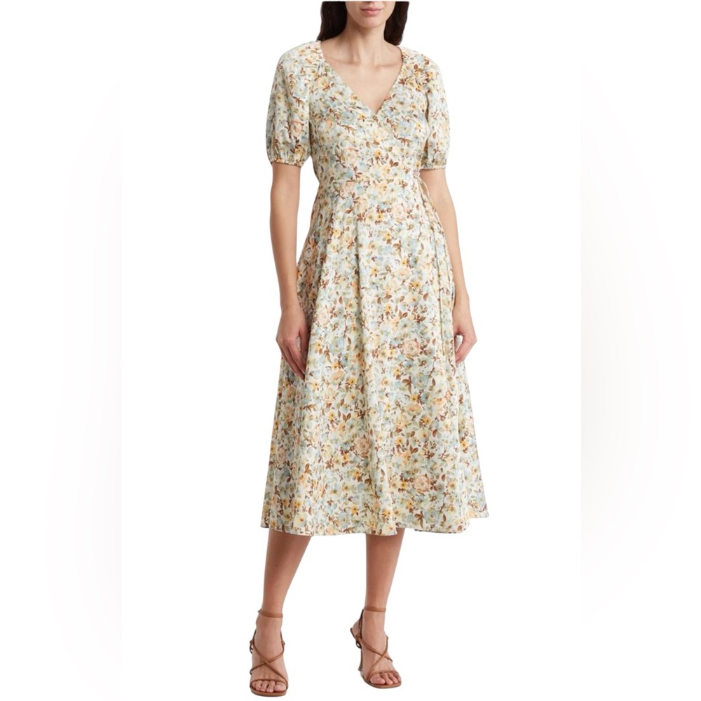 NWOT AUGUST SKY FLORAL WRAP MIDI DRESS- ZIPPER IS BROKEN